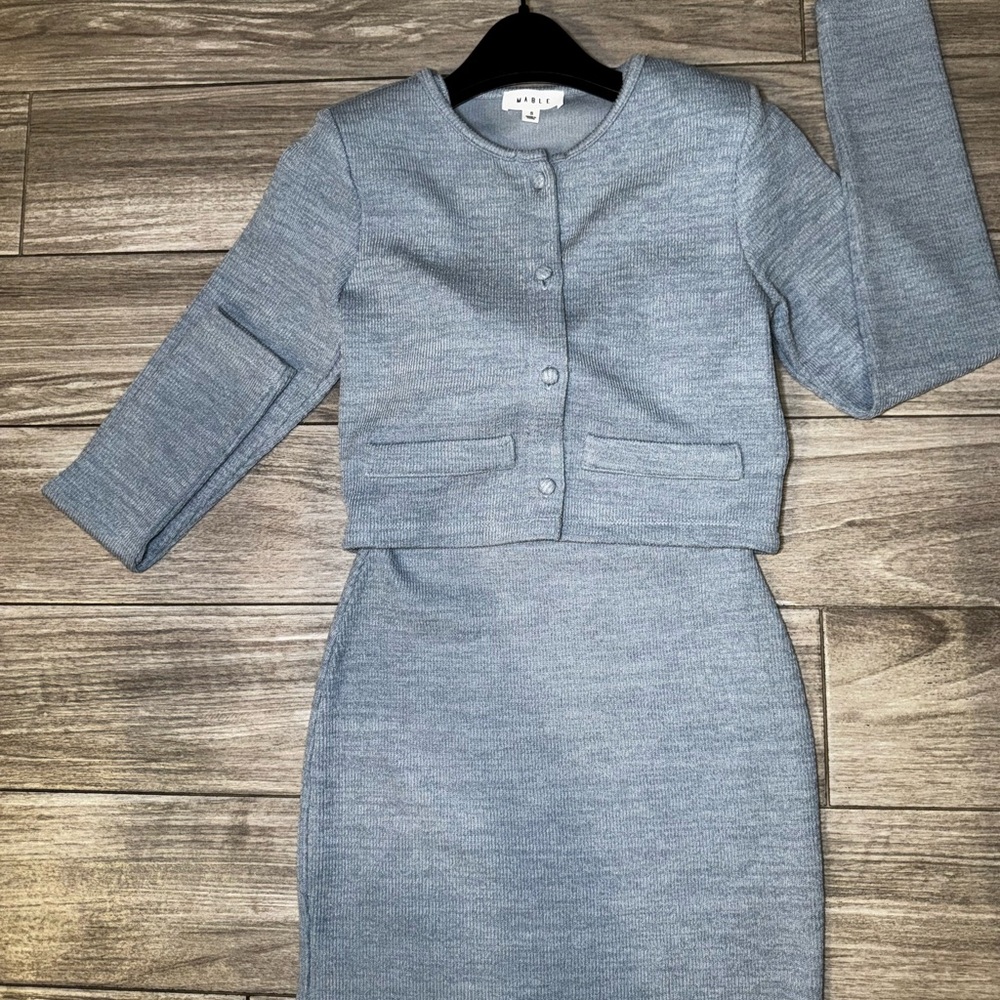 MABLE Women's Light Blue 2 Piece Outfit Set S Dress & Jacket, Knit Blend Easter